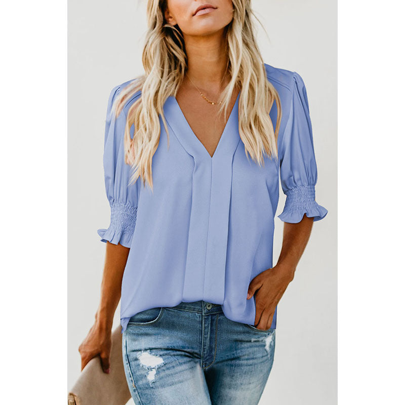 Women's Color Half Sleeve Collar Shirt Pleated Blouses