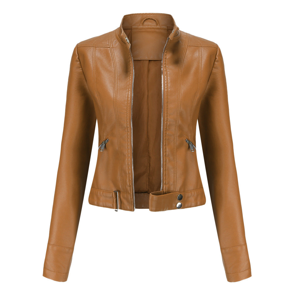 Women's Leather Stand Collar Lady Thin Jackets