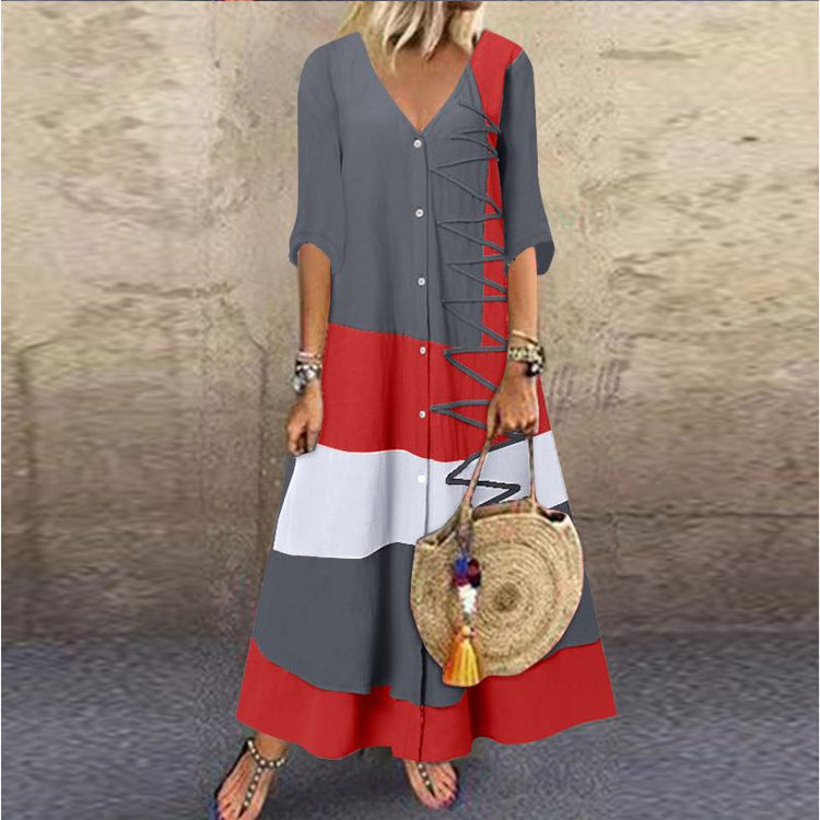 Summer Collar Sleeve Printed Long Dress Skirts