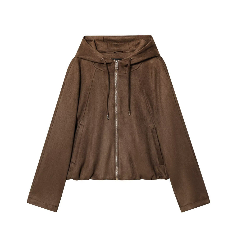Women's Autumn Hooded Drawstring Zipper Pocket Deerskin Jackets