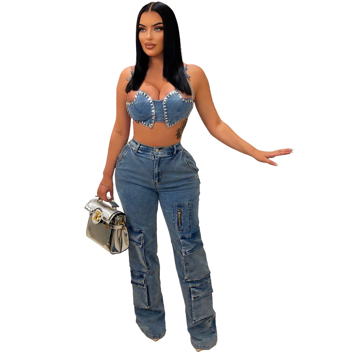 Bellows Pocket Bag Zipper Casual Elastic Jeans