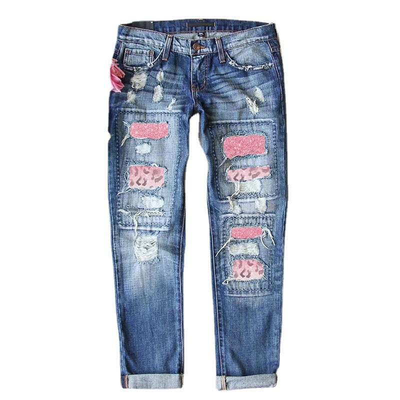 Pink Leopard Ripped Printed Casual Loose Jeans