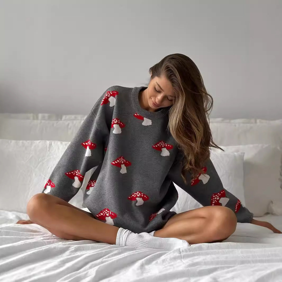 Women's Niche Mushroom Printed Loose Casual Style Sweaters