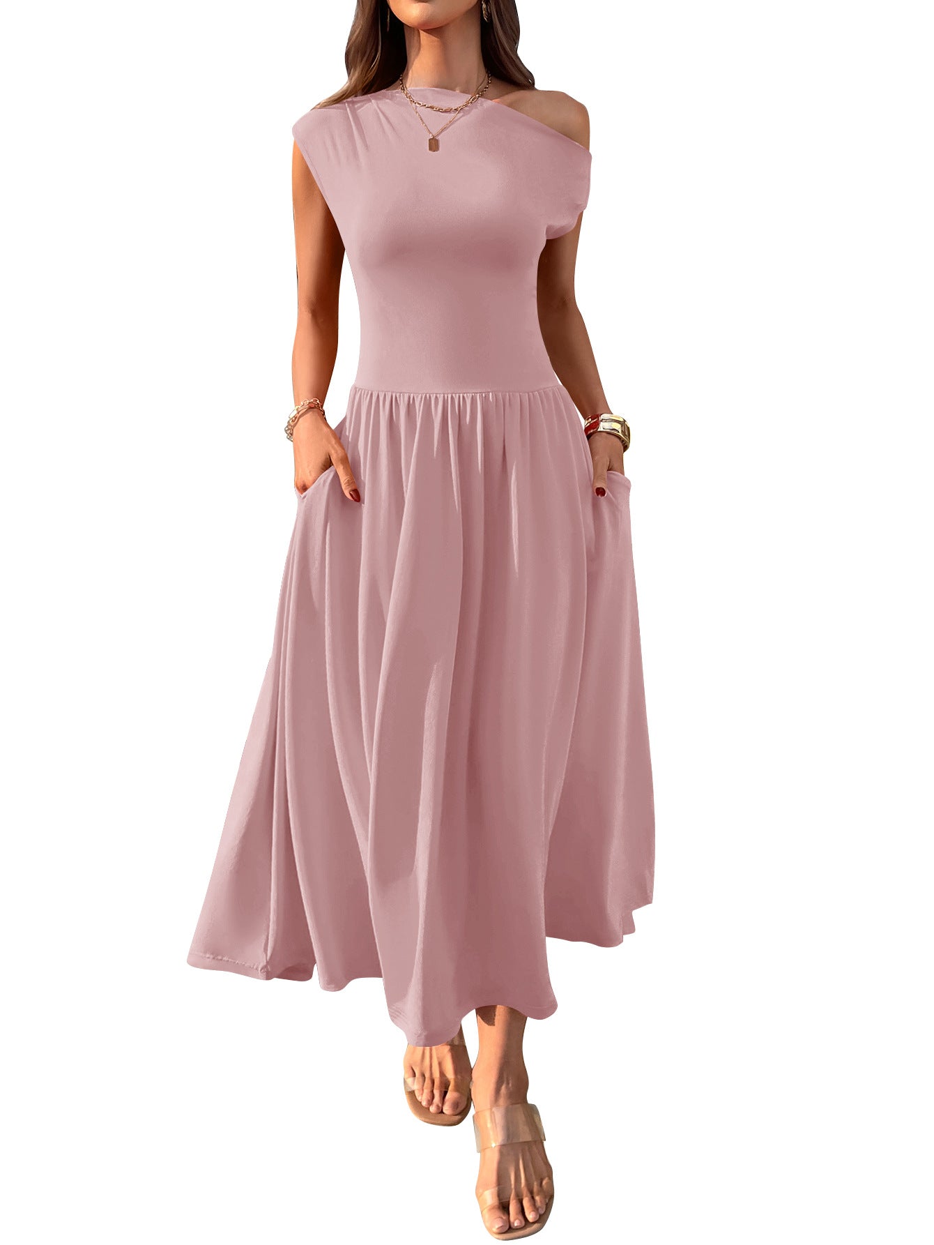 Shoulder Sexy Waist Trimming Solid Color Long Dresses