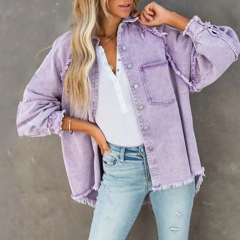 Denim Female Washed Frayed Hem Mid-length Jackets