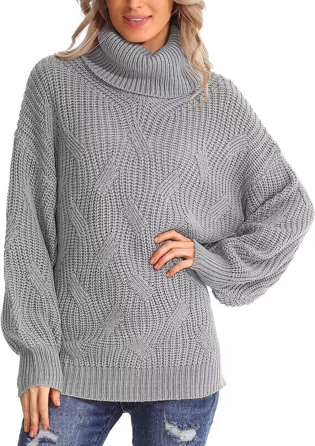 Women's Turtleneck Twisted Knitted Pullover Long Sleeve Sweaters