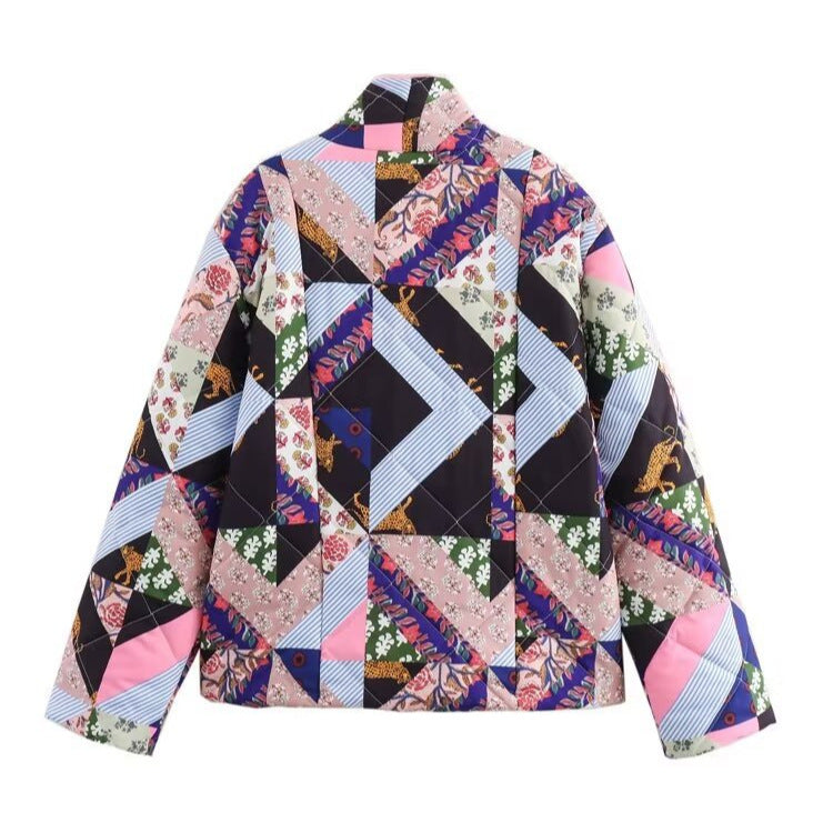 Women's Lapel Color Matching Printed Baggy Coats