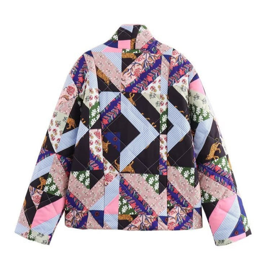 Women's Lapel Color Matching Printed Baggy Coats
