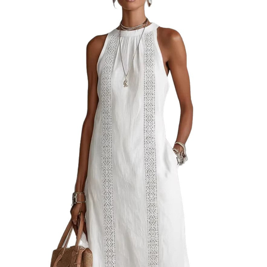 Women's Spring Clothes Halter Vacation Solid Color Lace Stitching Dress