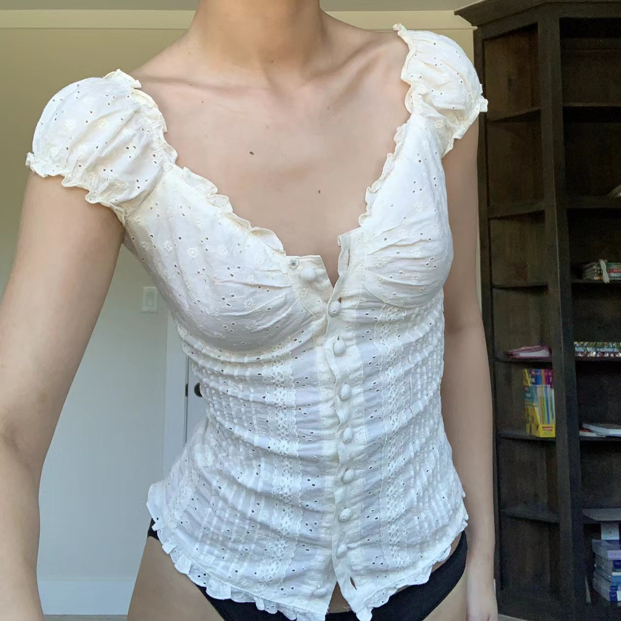 Pleated Hanging Shoulder Button Folding Lace Blouses