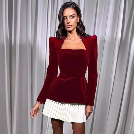 Women's Fashion Cool Long Sleeve Color Block Pleated Dresses