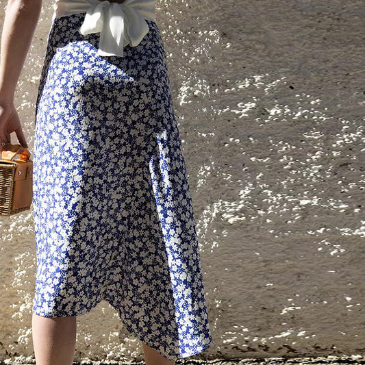 Blue Floral Silk Casual Irregular Design Skirts