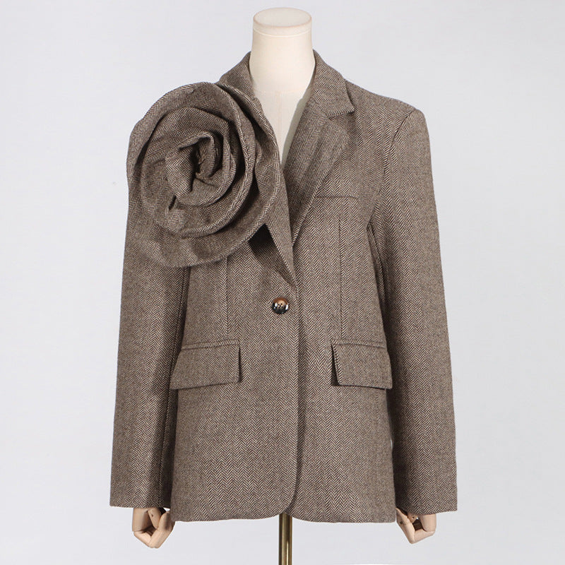 Women's Artistic Retro Three-dimensional Flower Loose Design One Button Blazers