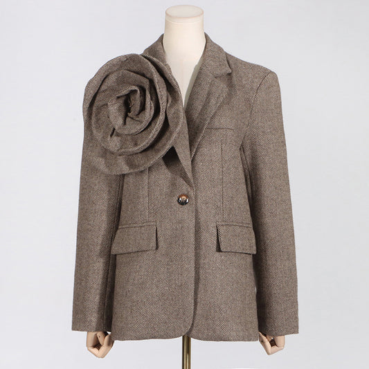 Women's Artistic Retro Three-dimensional Flower Loose Design One Button Blazers