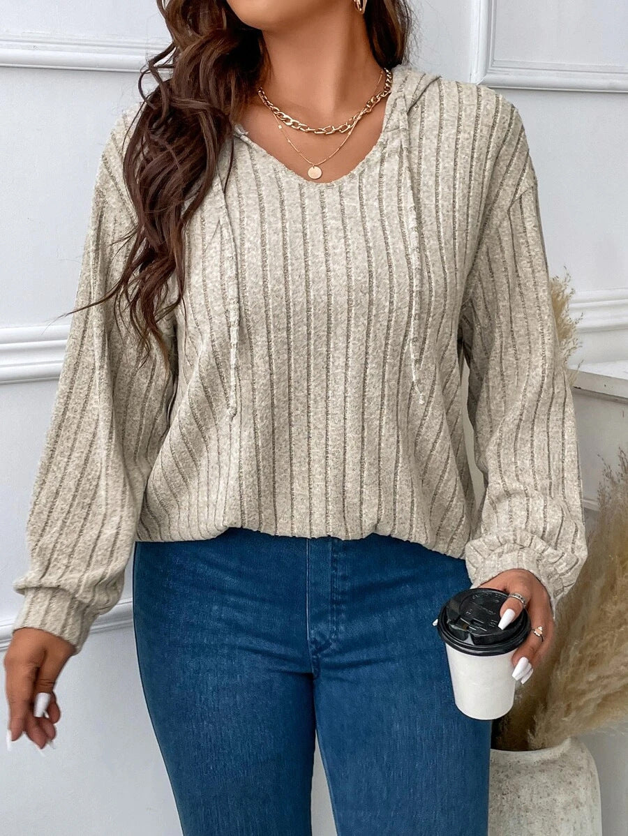 Women's Clothes Hooded Long Sleeve Sunken Stripe Blouses