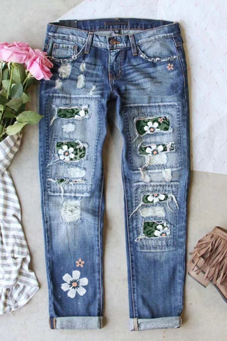 Women's Fashion Holes Printed Mid Waist Straight Jeans
