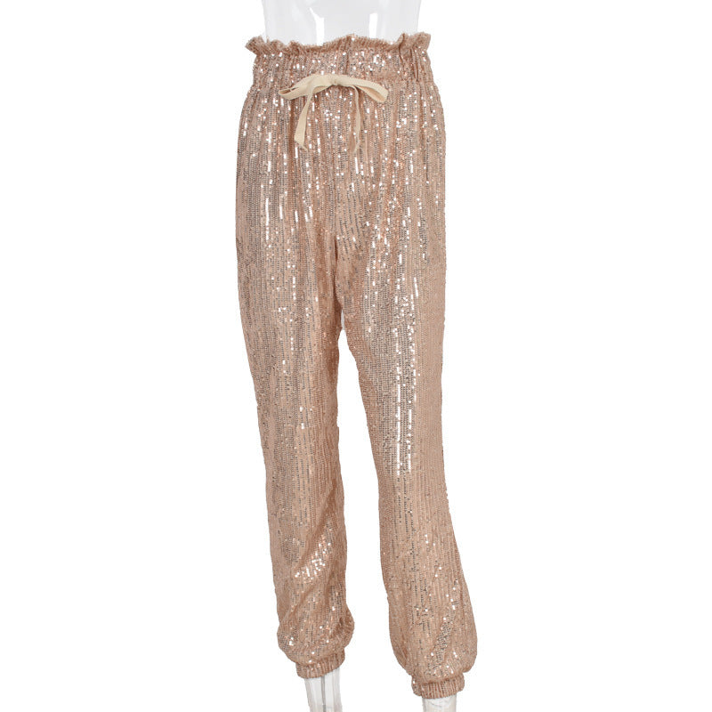 Sequin Sequined Drawstring High Waist Leg Pants