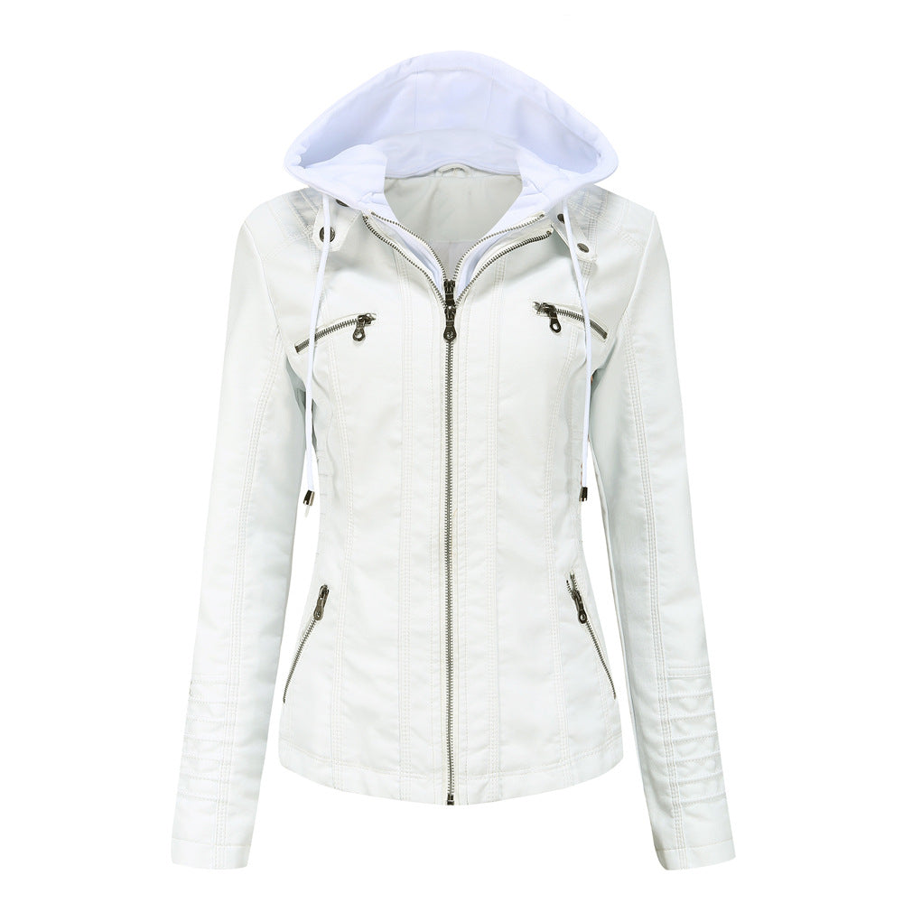 Women's Hooded Leather Two-piece Detachable Large For Jackets