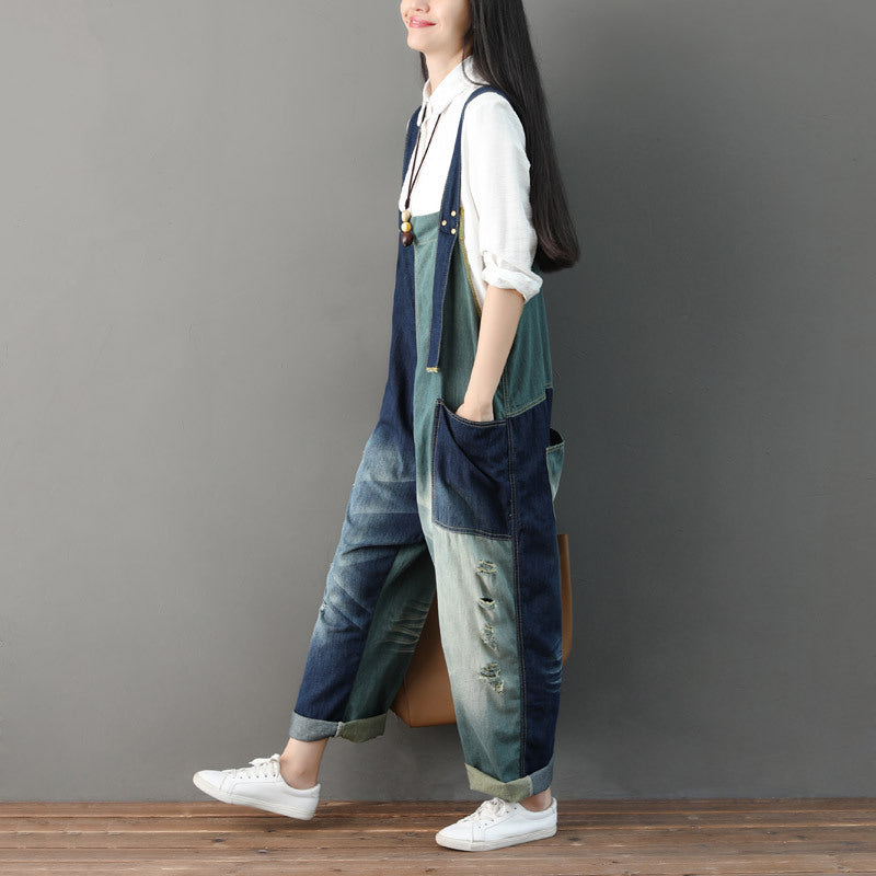 Worn Color Matching Ripped Female Overalls Jeans