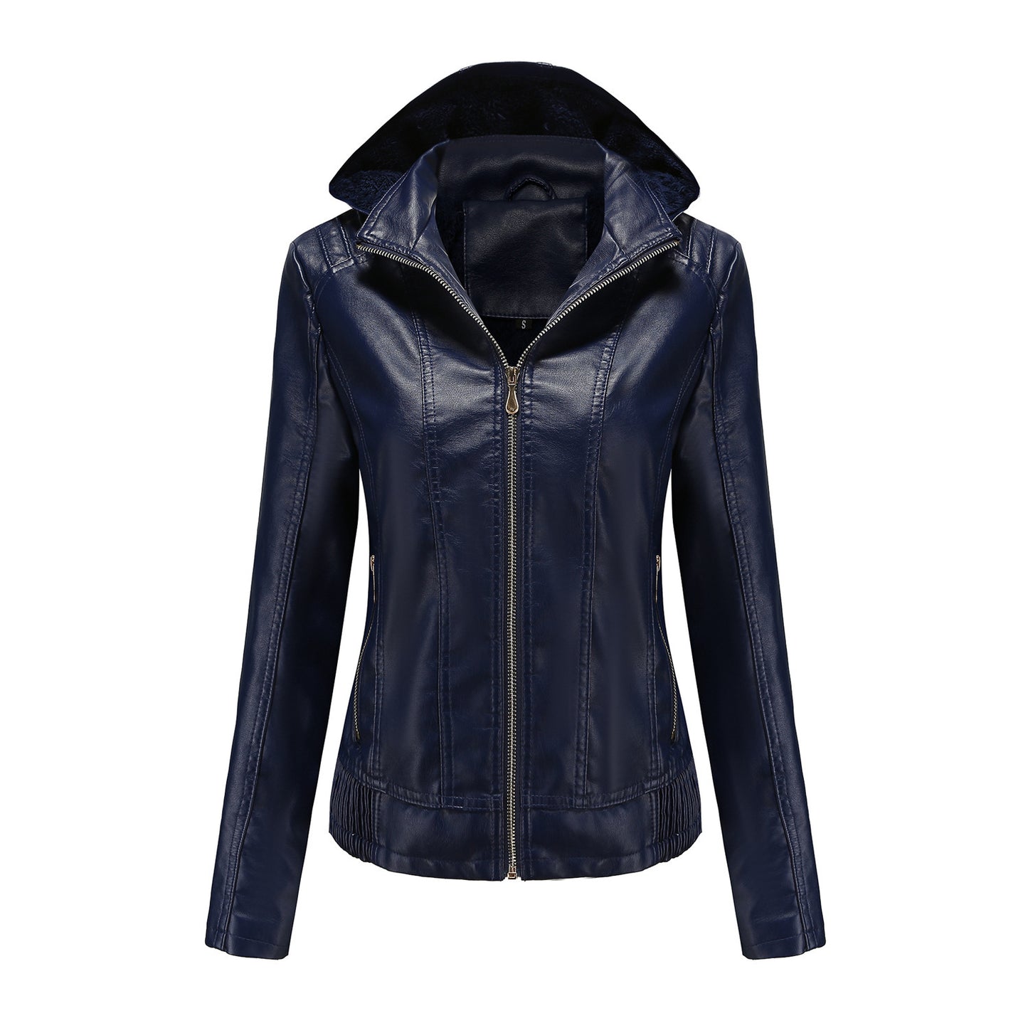 Women's Leather Detachable Hat Zipper Fleece-lined European Jackets