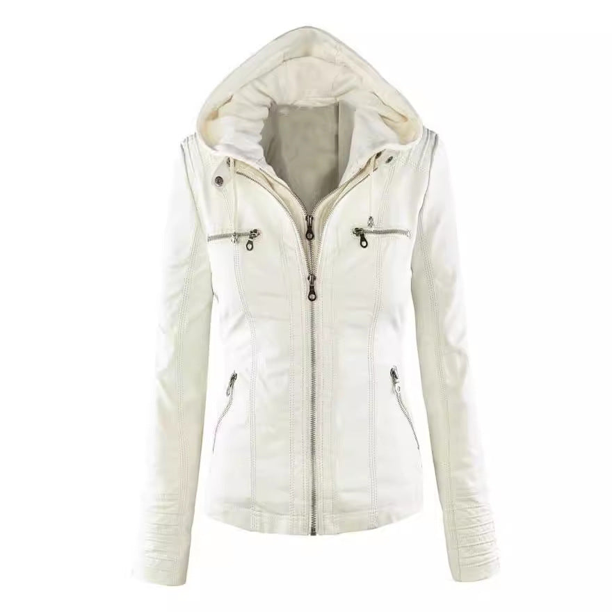 Women's Polo Collar Solid Color Zipper Leather Jackets