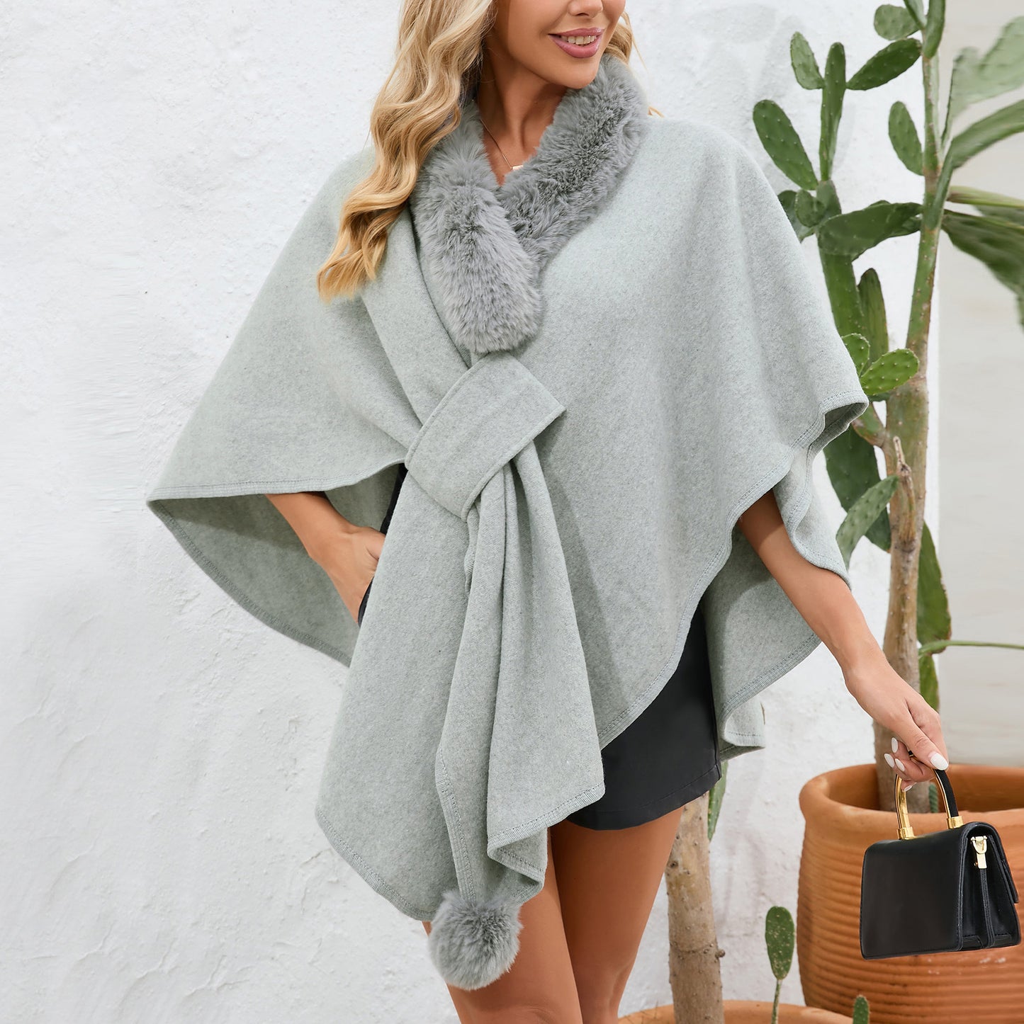 Women's Fur Collar Cape Shawl Female Loose Knitted Coats