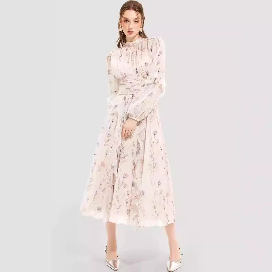 Fashion Chiffon Printed Ruffles Temperament Long Dresses