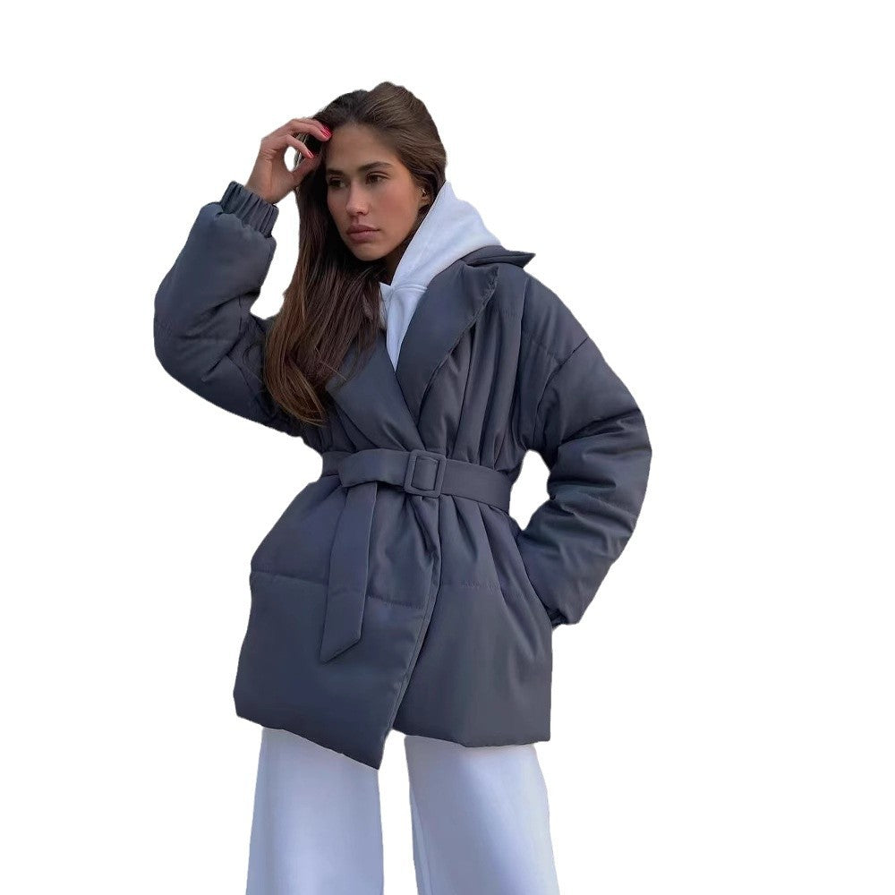 Women's Solid Color Long-sleeved Cotton Thickened Pocket Coats