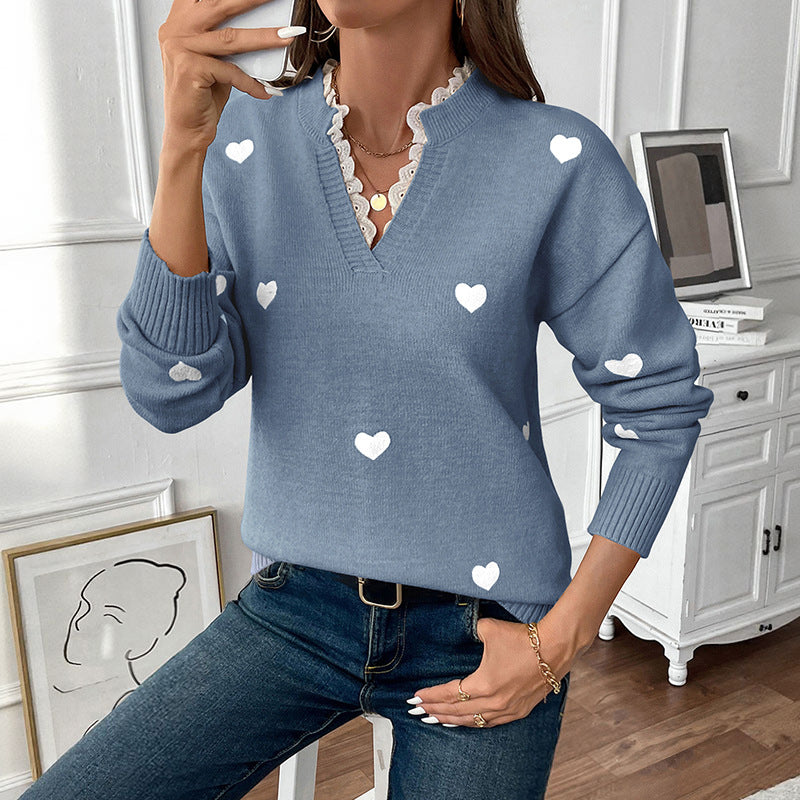 Heart Round Neck Valentine's Day Stitching Sweaters