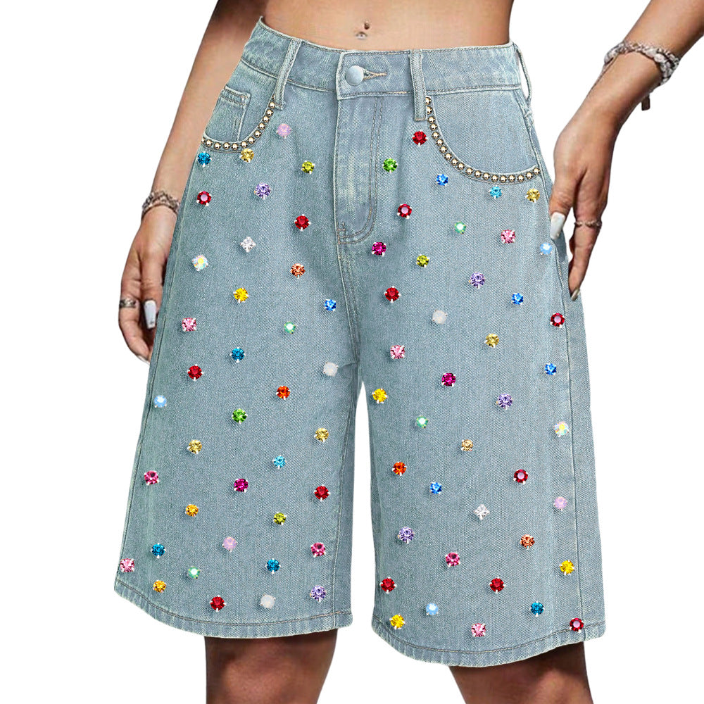 Women's High Waist Loose Points Stretch Diamond Jeans