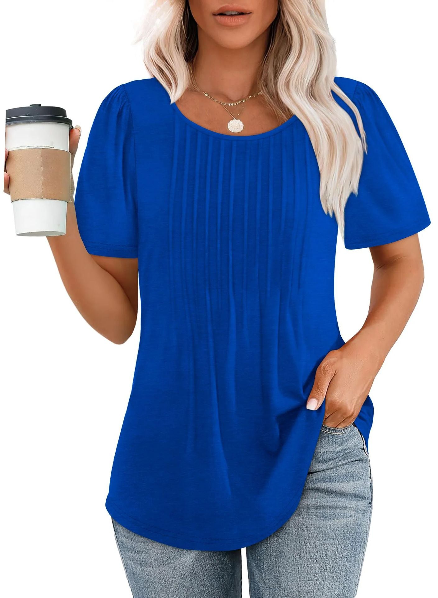 Women's Loose Pleated Round Neck Sleeve T-shirt Stripes Blouses