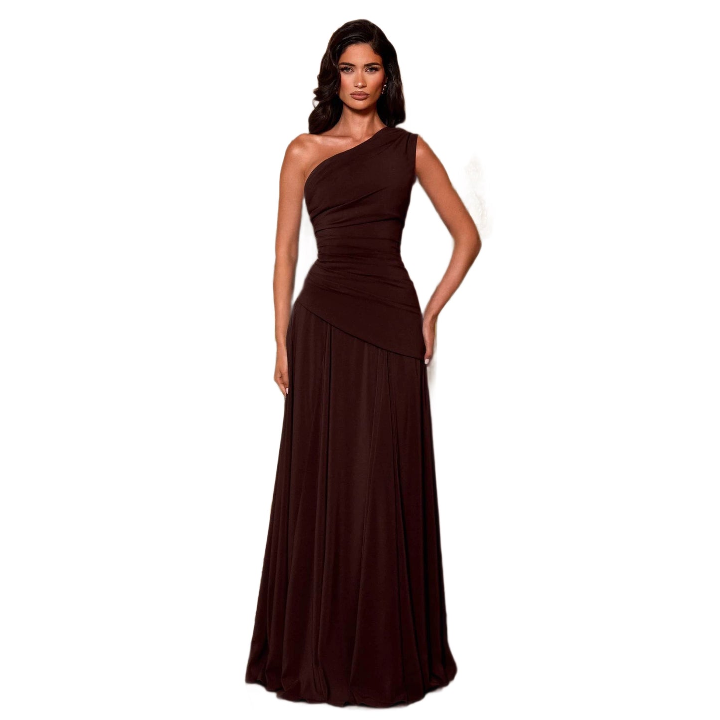 Women's Elegant Diagonal Collar Sleeveless Pleat Waisted Chiffon Stitching Big Swing Dress