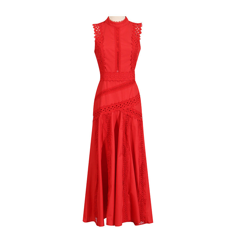 Women's Retro Style Round Neck Sleeveless Waist Lace Dresses