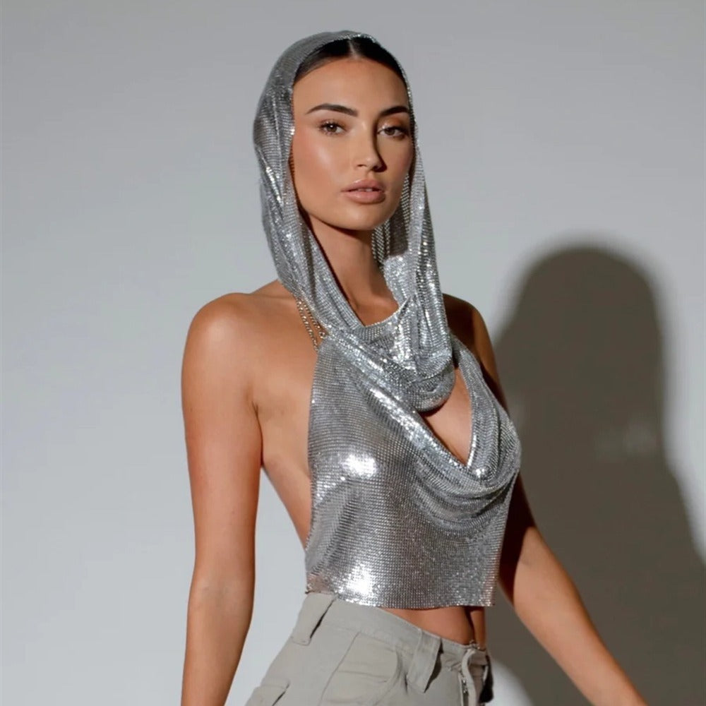 Women's Nightclub Back Slit Metal Sequins Scarf Tops