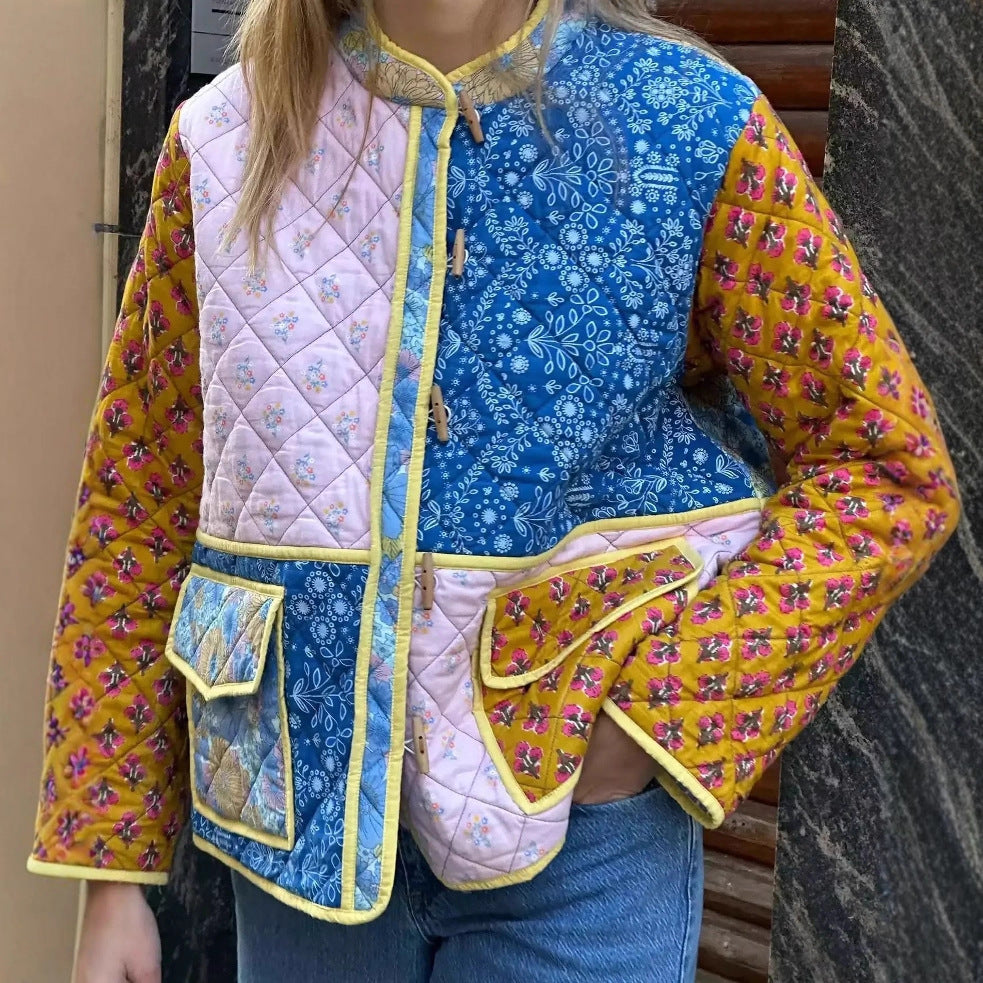 Women's Multicolor Street Fashion Print Stitching Cotton Jackets