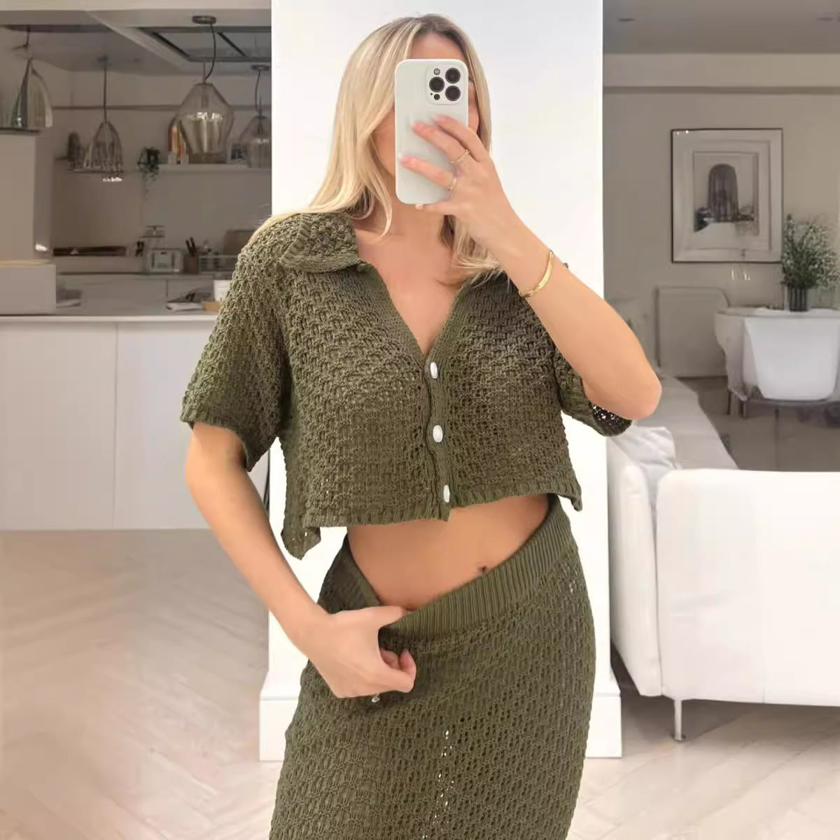 Short-sleeved Knitted Two-piece Buckle Versatile Beach Dresses