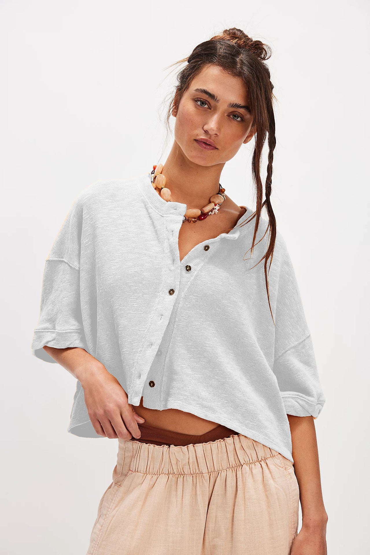 Women's Casual Linen Button Half Sleeve Solid Blouses