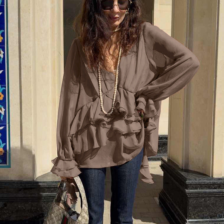 Women's Chiffon Long Sleeve Shirt Design Pleated Blouses