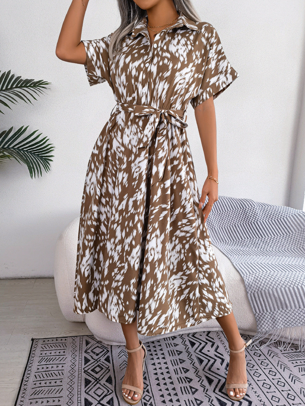 Women's Casual Loose Leopard Print Shirt Dress Dresses
