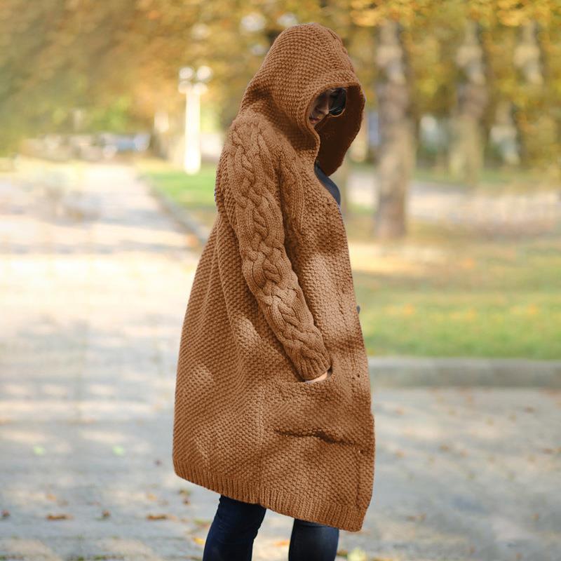 Women's Hooded Single-breasted Slim Street Hipster Long Knitwear
