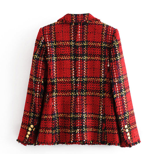 Women's Autumn Woolen Plaid Slim Fit Long Blazers