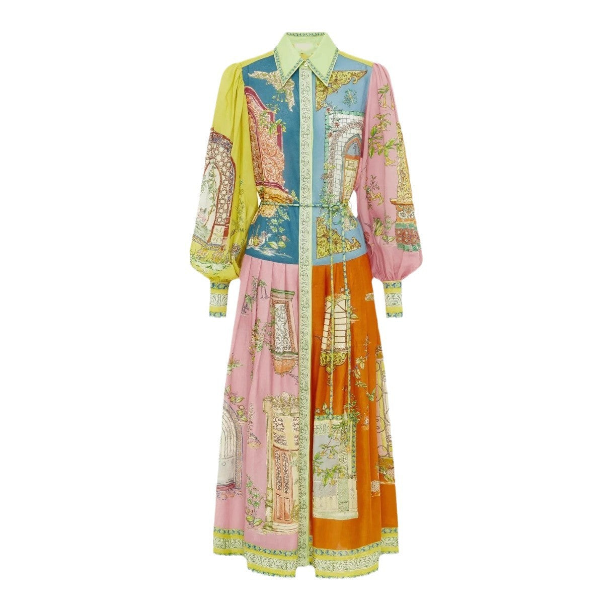Single-breasted Long Lantern Sleeve Iti Printing Dress