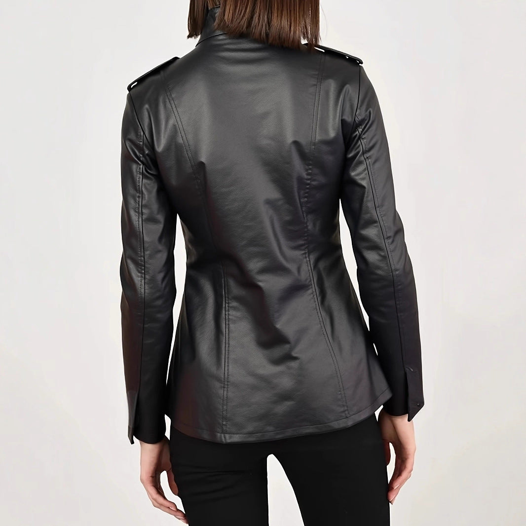 Women's Leather Stand Collar Long Sleeve Distressed Jackets