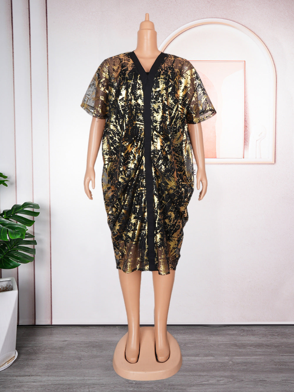 Women's Soft Grid Bronzing Dress Two-piece Sling Plus Size