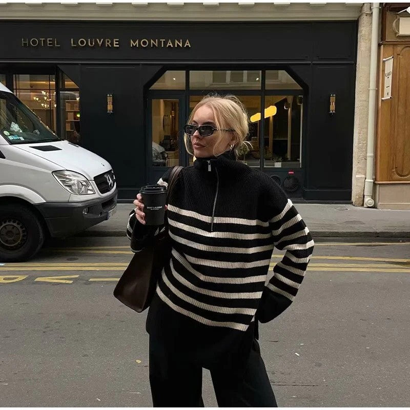 Casual Loose Retro Lapels Half Zipper Sweaters