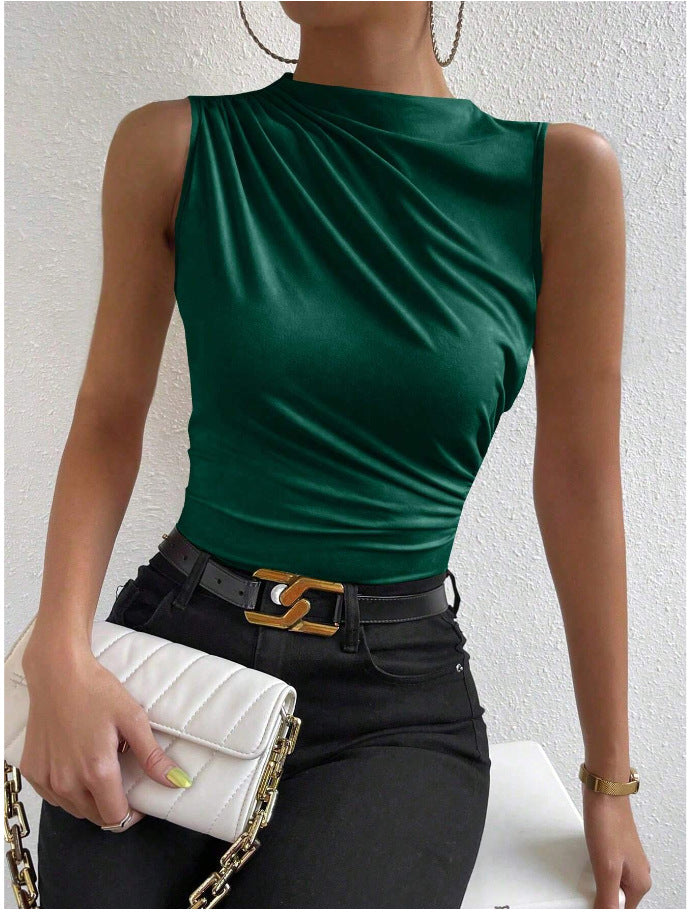Women's Fashion Solid Color Pleated Sleeveless Head Blouses