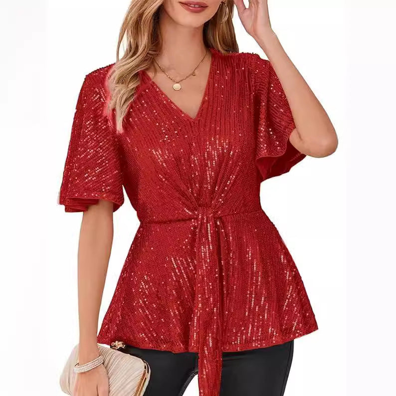 Women's Outline Tie Front Flare Sleeve Glitter Bruce Tops