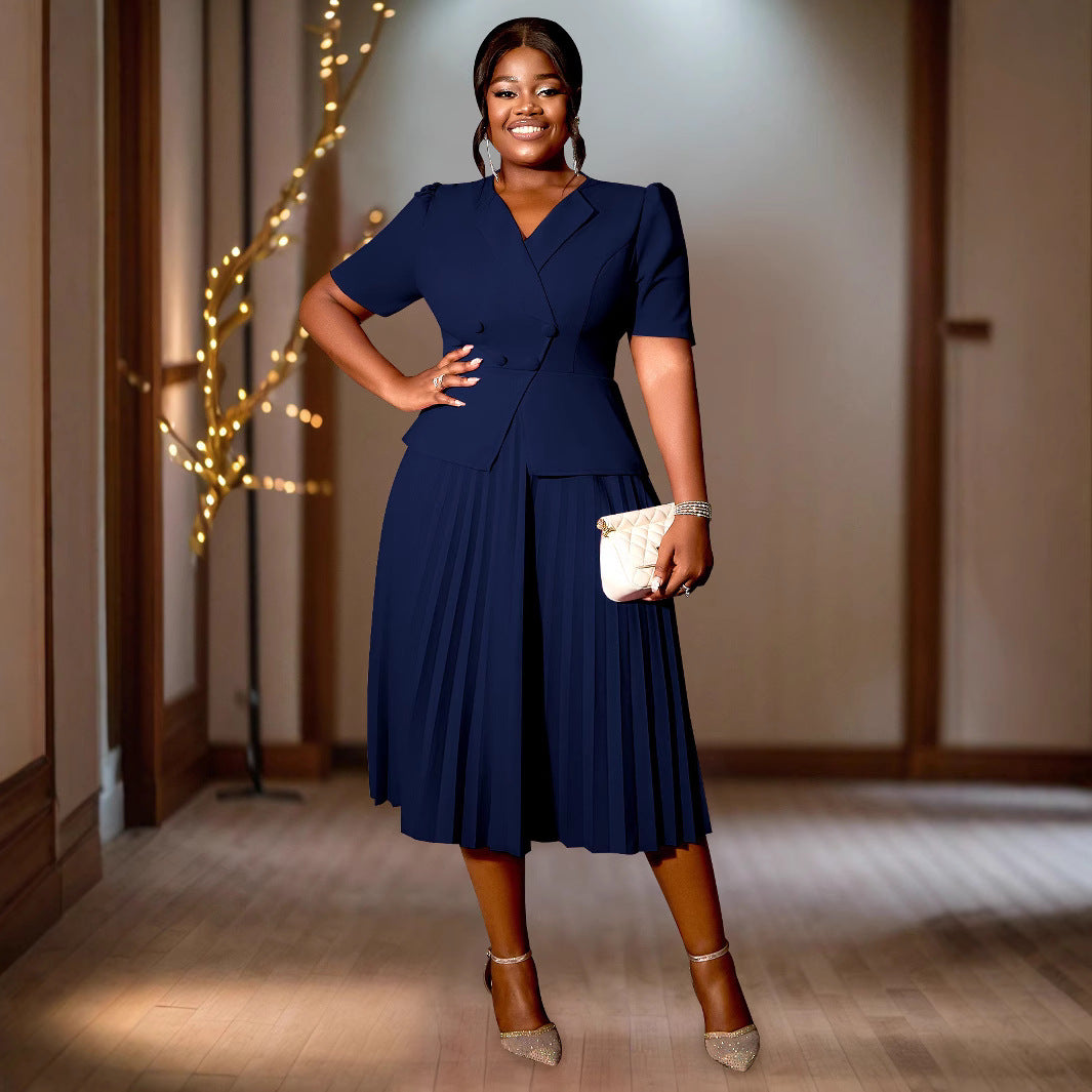 Collar Pleated Elegant Style High Waist Dresses