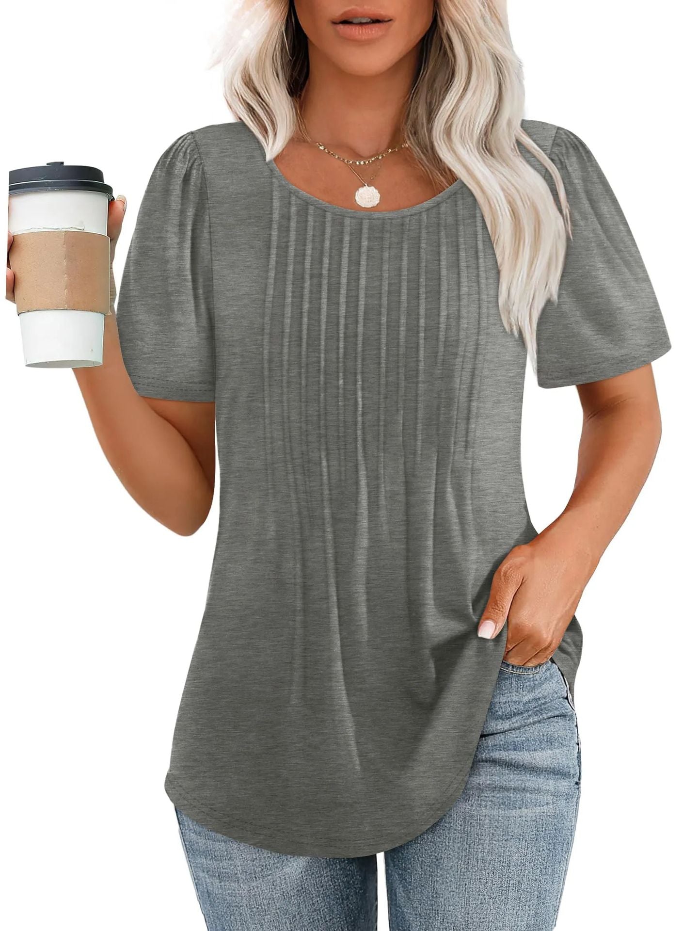 Women's Loose Pleated Round Neck Sleeve T-shirt Stripes Blouses