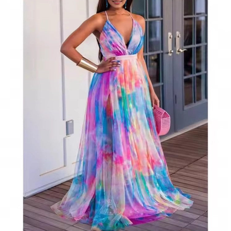 Casual Fashion Rainbow Multicolor Brace Tulle Dress